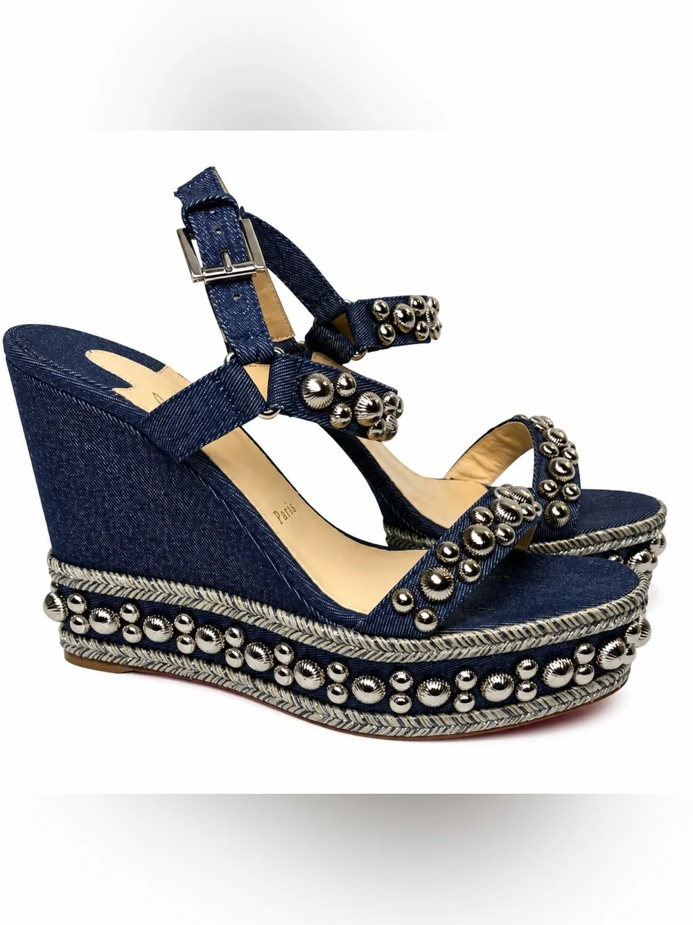 Christian Louboutin Denim Studded Wedge Sandals - Navy